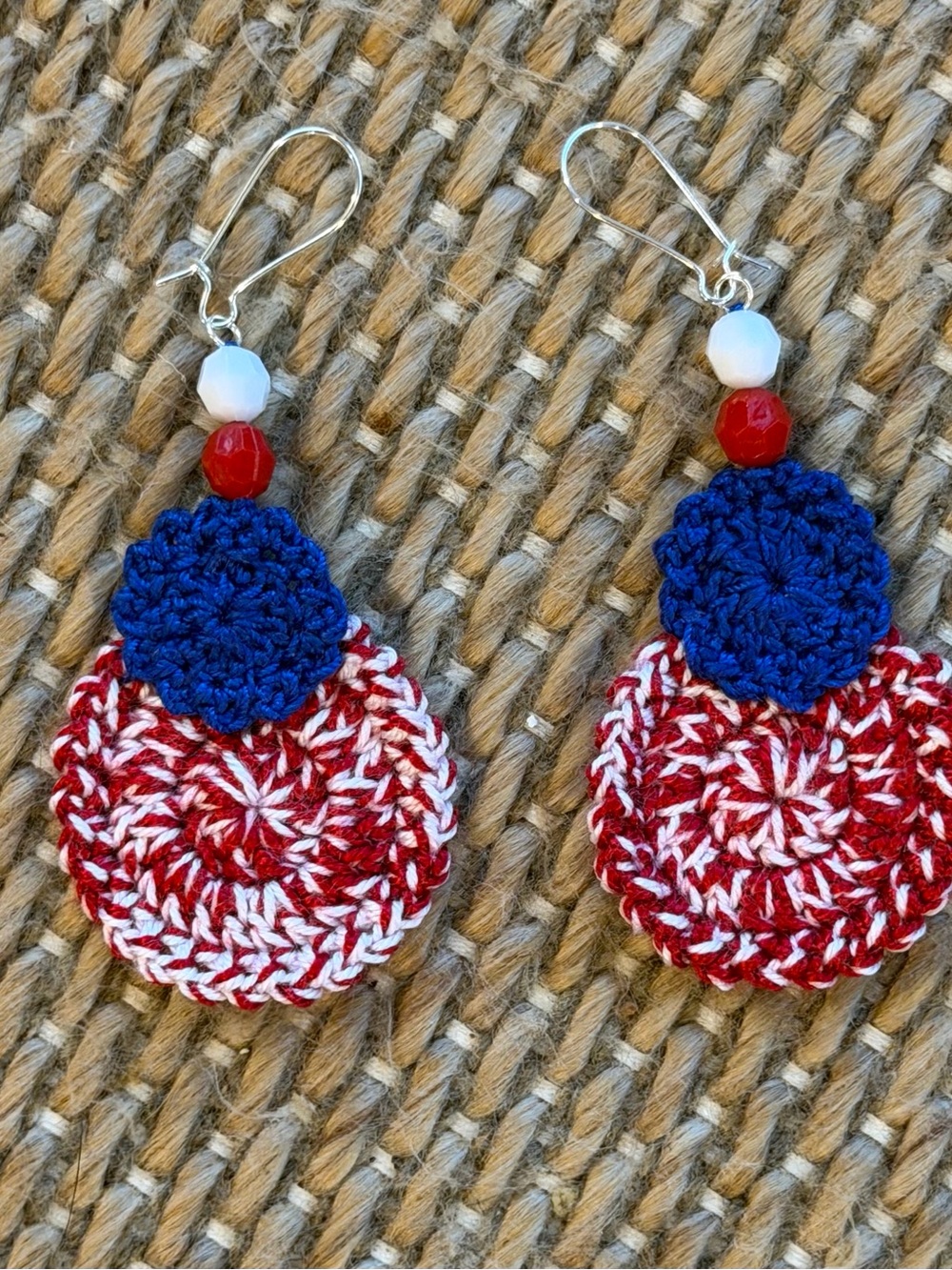 Hand Crafted Red, White & Blue Crochet Dangle Earrings